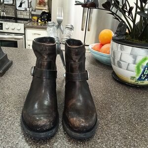 Frye Black Leather Belted Factory Distressed Ankle Boots. Size 10. New.